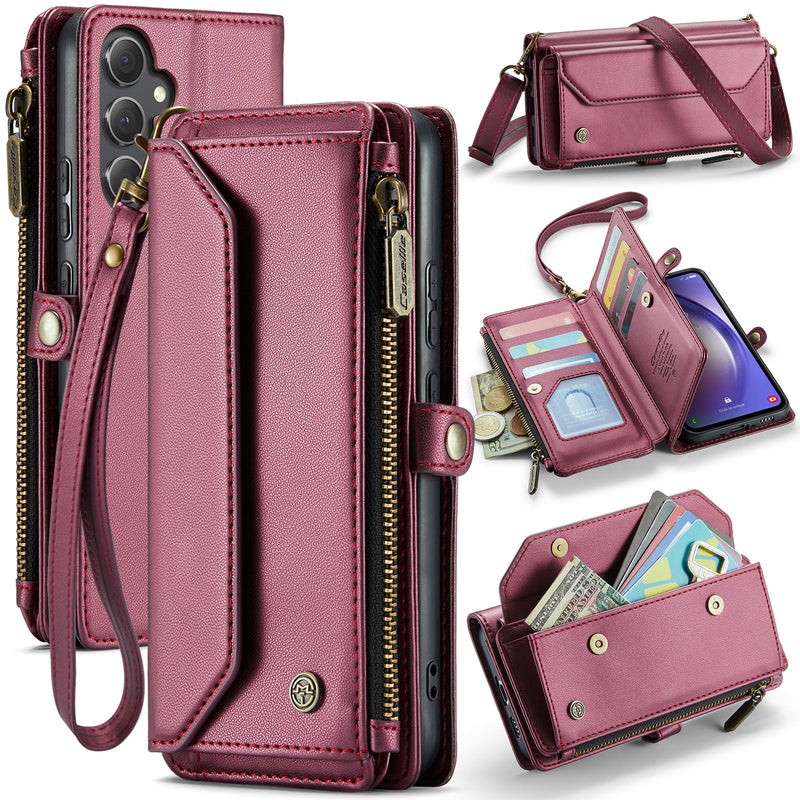 New RFID Blocking Zipper Wallet Supports Wireless Charging with Long and Short Lanyard Leather Phone Case for Samsung Galaxy A