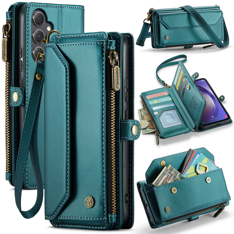 New RFID Blocking Zipper Wallet Supports Wireless Charging with Long and Short Lanyard Leather Phone Case for Samsung Galaxy A