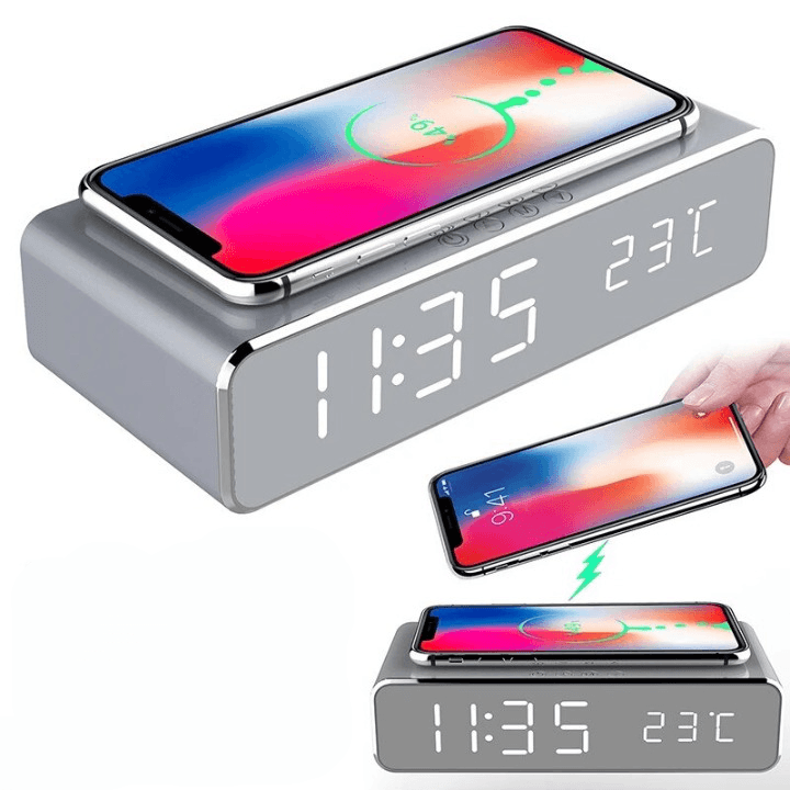 Induction charger with Alarm Clock, LED Digital Thermometer.