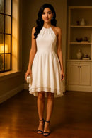 Vestido Chiffon Cintura Alta Sem Manga Branco