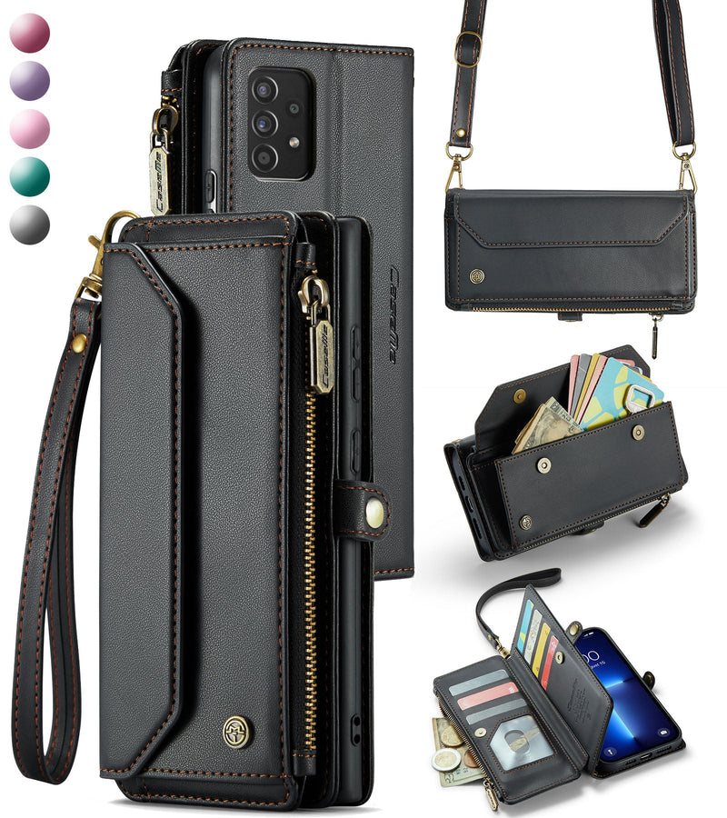 New RFID Blocking Zipper Wallet Supports Wireless Charging with Long and Short Lanyard Leather Phone Case for Samsung Galaxy A