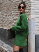 Green Fall Winter Outfit: Toronto Monochromatic Sweater and Mini Skirt