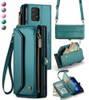 New RFID Blocking Zipper Wallet Supports Wireless Charging with Long and Short Lanyard Leather Phone Case for Samsung Galaxy A