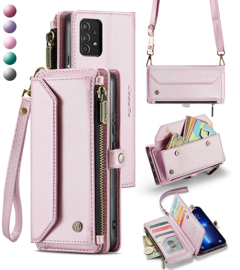 New RFID Blocking Zipper Wallet Supports Wireless Charging with Long and Short Lanyard Leather Phone Case for Samsung Galaxy A