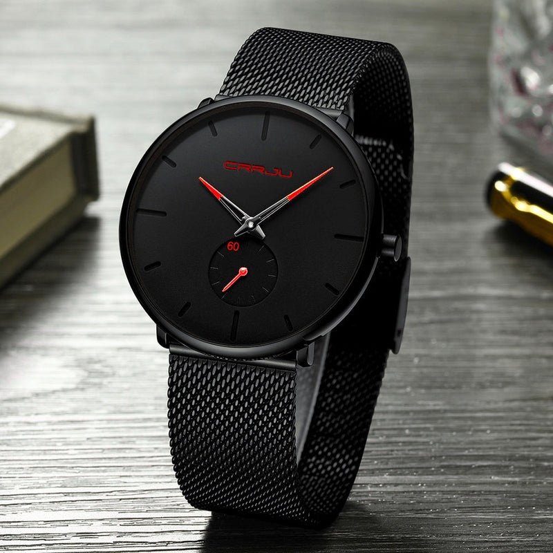 Relógio CRRJU Slim Black - Estilo Elegante com Design Ultra Fino, Movimento Quartzo